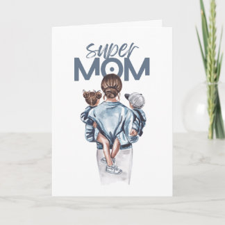 Personalised Super Mum with Son and Daughter Gift Holiday Card