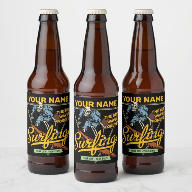 Personalised Surfing Skeleton Ride Waves Surfer  Beer Bottle Label (Bottles)