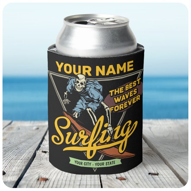 Personalised Surfing Skeleton Ride Waves Surfer  Can Cooler (Creator Uploaded)