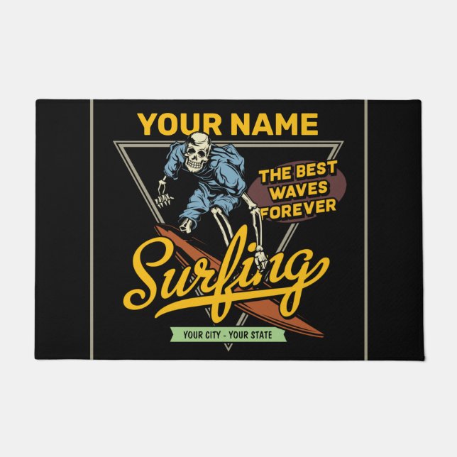 Personalised Surfing Skeleton Ride Waves Surfer Doormat (Front)