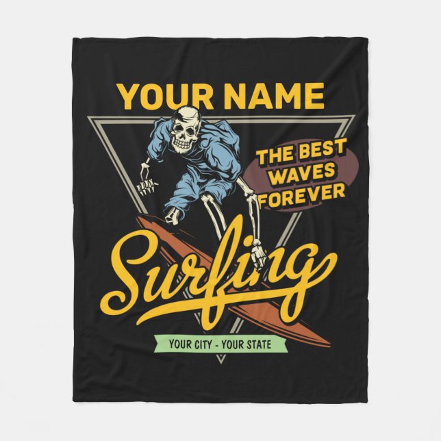 Personalised Surfing Skeleton Ride Waves Surfer Fleece Blanket (Front)