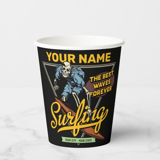 Personalised Surfing Skeleton Ride Waves Surfer  Paper Cups (Front)