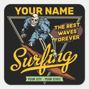 Personalised Surfing Skeleton Ride Waves Surfer Square Sticker