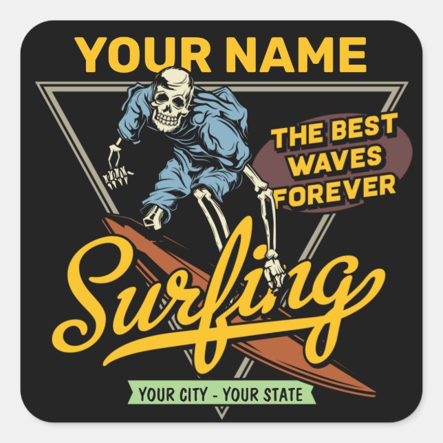 Personalised Surfing Skeleton Ride Waves Surfer Square Sticker (Front)