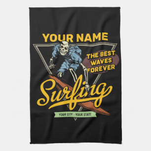 Personalised Surfing Skeleton Ride Waves Surfer  Tea Towel