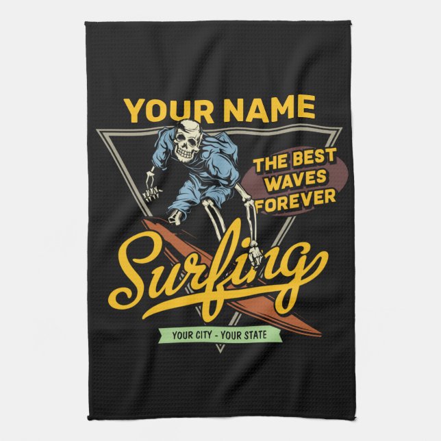 Personalised Surfing Skeleton Ride Waves Surfer  Tea Towel (Vertical)