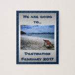 Personalised Surprise Vacation Jigsaw Puzzle<br><div class="desc">Surprise vacation Fun and unique way to share the news of an upcoming vacation with your family, kids or other loved ones Shows image of striped beach chair on a sandy tropical beach with boats in the turquoise water that you can replace with your own photo if you choose Personalise...</div>