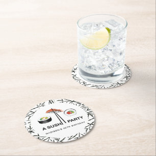 Personalised Sushi Birthday Black White Round Paper Coaster