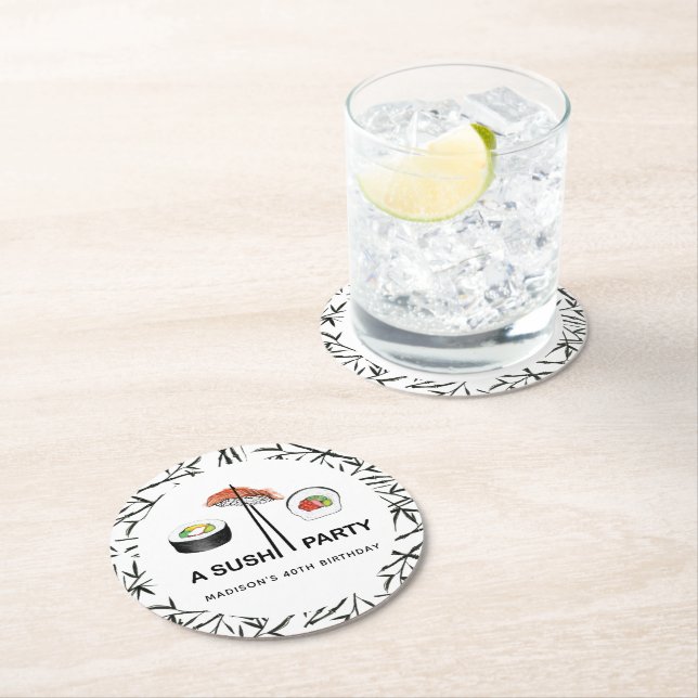 Personalised Sushi Birthday Black White Round Paper Coaster (Insitu)