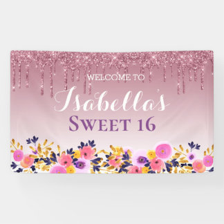 Personalised Sweet 16 | Floral Dripping Glitter Banner