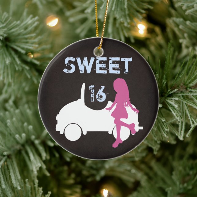 Personalised Sweet 16 Girl and Car ~ Pink, Blue Ceramic Ornament (Tree)