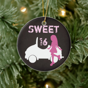 Personalised Sweet 16 Girl and Car ~ Pink, Brown Ceramic Ornament