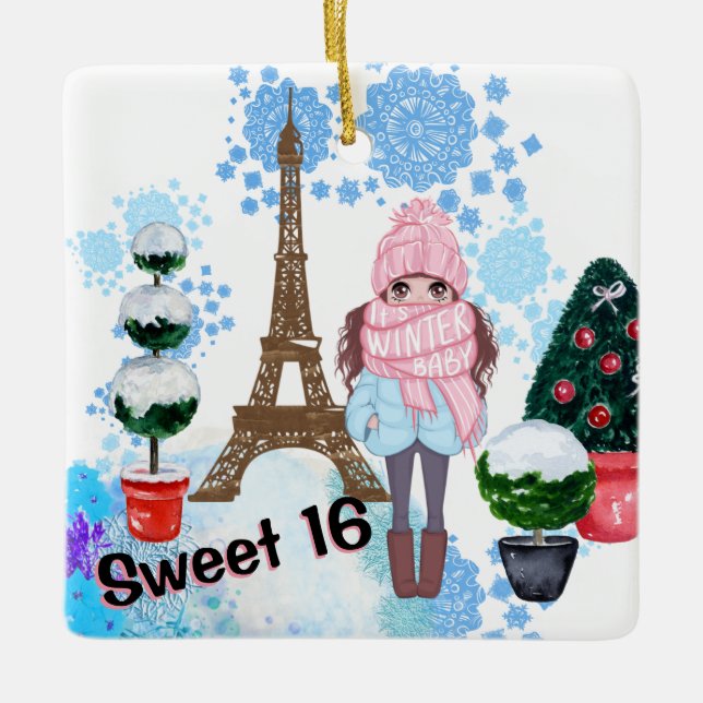 Personalised Sweet 16 Paris Winter Eiffel Tower Ceramic Ornament (Front)