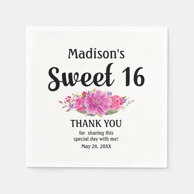 Personalised Sweet 16 Pink Floral Sweet Sixteen Napkin (Front)