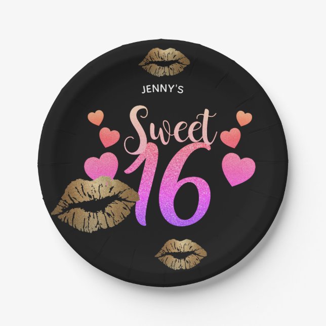 Personalised Sweet 16 Plates - Pink Glitter LIPS (Front)