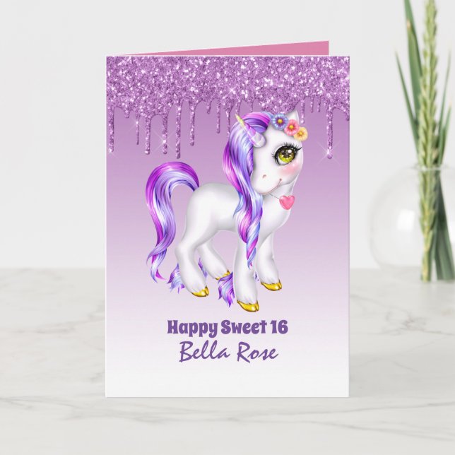 Personalised Sweet 16 Pretty Unicorn Birthday Card (Front)