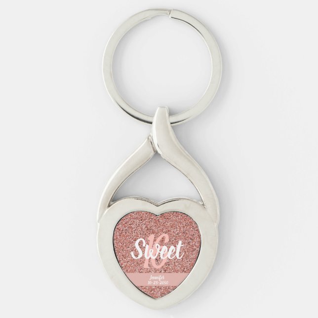 Personalised Sweet 16 Rose Gold Pink Glitter Key Ring (Front)
