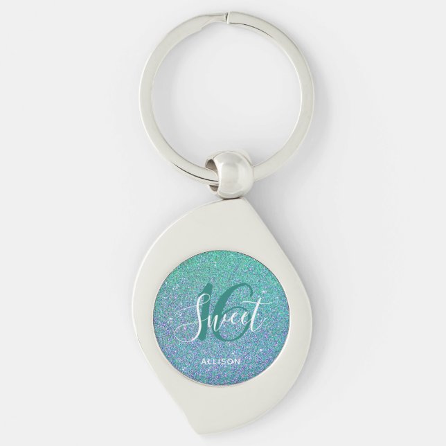 Personalised Sweet 16 Turquoise Blue Glitter Glam Key Ring (Front)