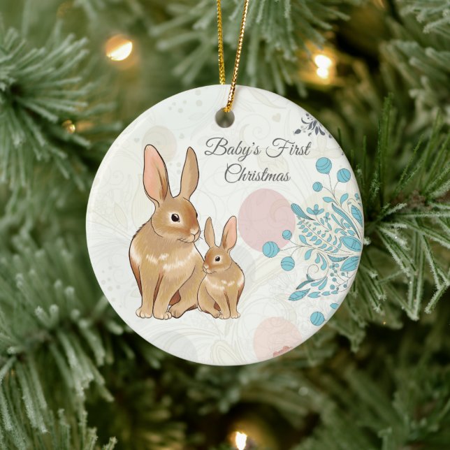 Personalised Sweet Bunnies Baby's 1st Christmas Ceramic Ornament (Tree)