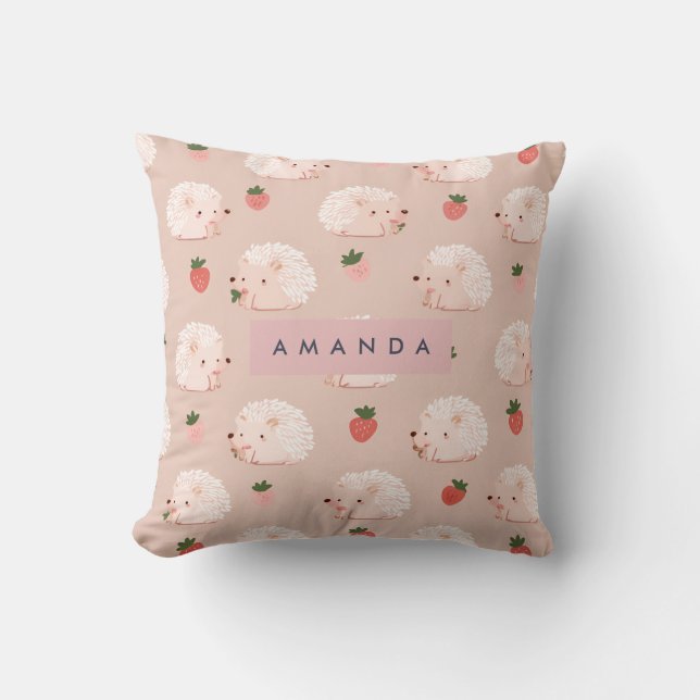 Personalised Sweet Hedgehog & Strawberry Pattern Cushion (Front)