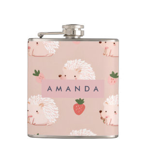 Personalised Sweet Hedgehog & Strawberry Pattern Hip Flask