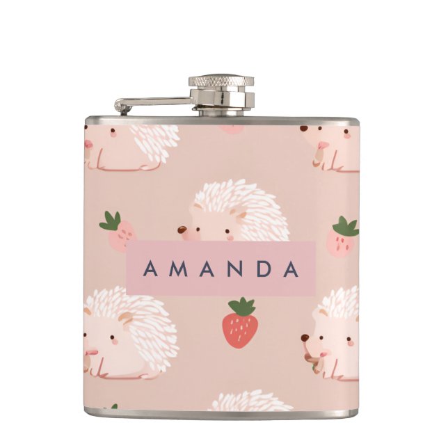 Personalised Sweet Hedgehog & Strawberry Pattern Hip Flask (Front)