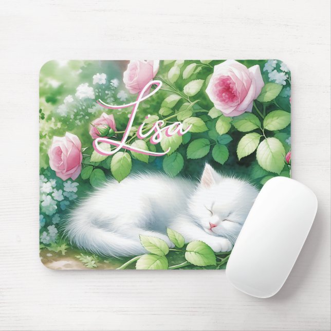 Personalised Sweet White Kitten Napping Mouse Pad (With Mouse)