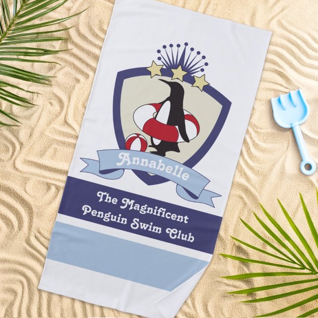 Personalised Swimming Club Crest Cute Penguin Kids Beach Towel (Creator Uploaded)