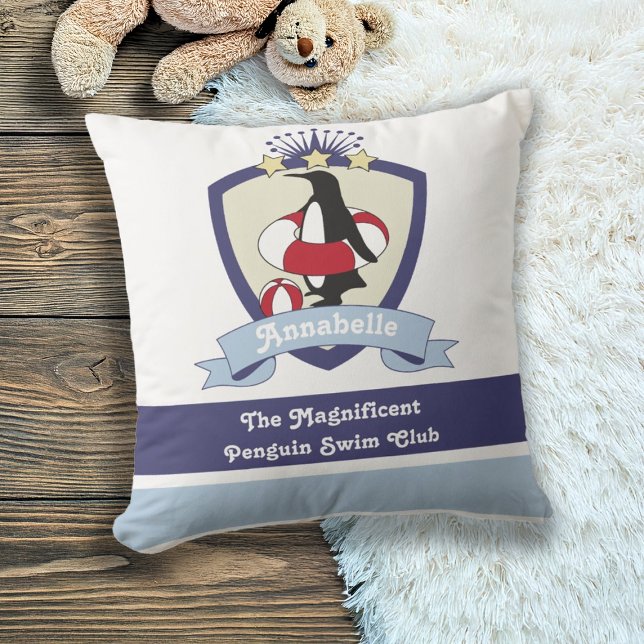 Personalised Swimming Club Crest Cute Penguin Kids Cushion (Creator Uploaded)
