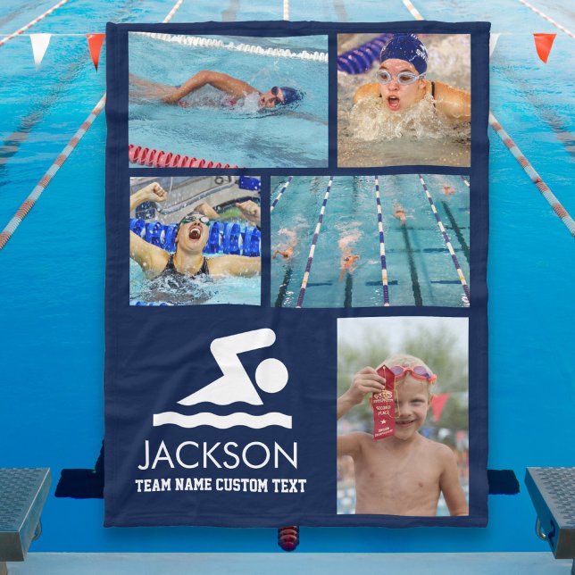 Personalised Swimming Photo Collage Swimmer's Name Fleece Blanket (Creator Uploaded)