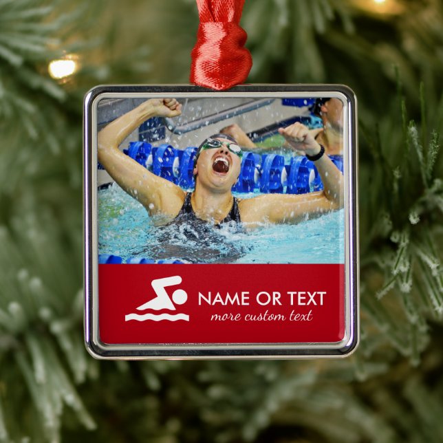Personalised Swimming Photo Swimmer Name Christmas Metal Ornament (Tree)