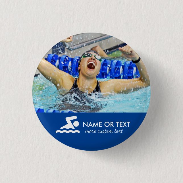 Personalised Swimming Photo Swimmer & Team Name 3 Cm Round Badge (Front)