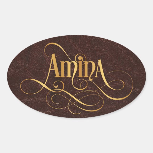 Personalised Swirly Script Amina Gold on Leather Oval Sticker (Front)
