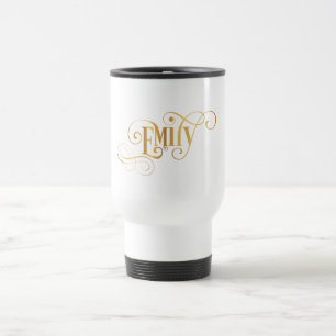 Personalised Swirly Script Emily Gold on Black Travel Mug