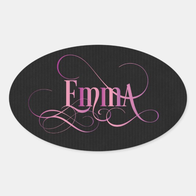 Personalised Swirly Script Emma Pink on Black Oval Sticker (Front)