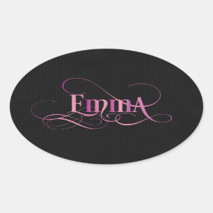 Personalised Swirly Script Emma Pink on Black Oval Sticker