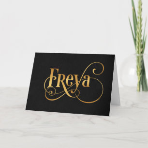 Personalised Swirly Script Freya Gold on Black Holiday Card