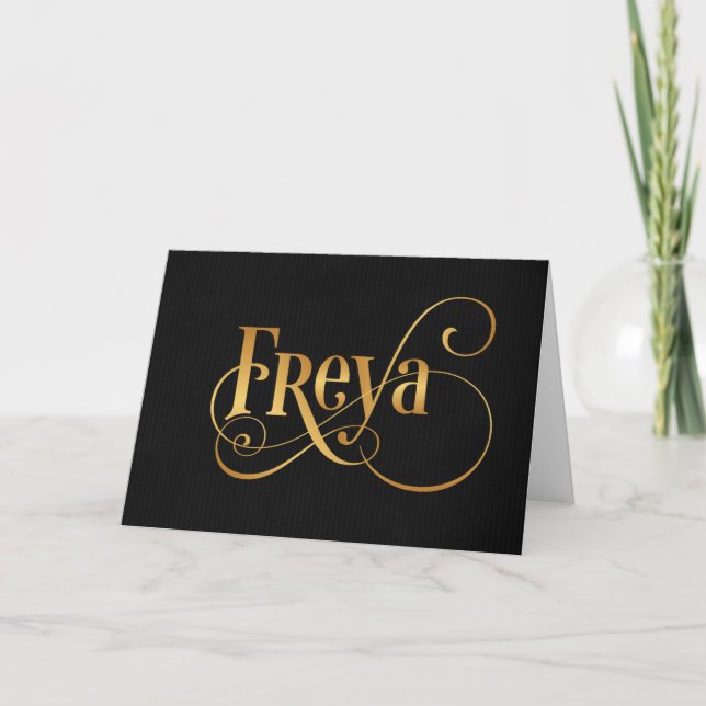 Personalised Swirly Script Freya Gold on Black Holiday Card (Front)