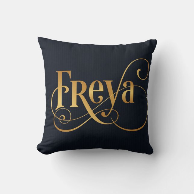 Personalised Swirly Script Freya Gold on Deep Blue Cushion (Front)
