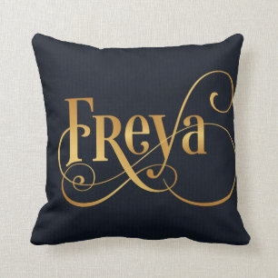 Personalised Swirly Script Freya Gold on Deep Blue Cushion
