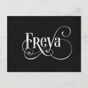 Personalised Swirly Script Freya Silver on Black Postcard