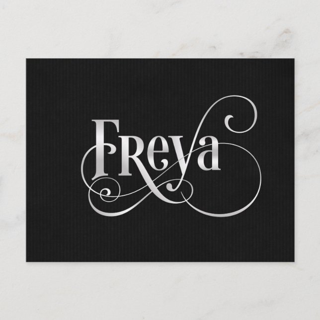 Personalised Swirly Script Freya Silver on Black Postcard (Front)
