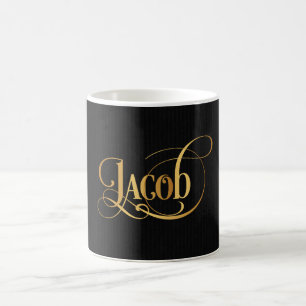 Personalised Swirly Script Jacob Gold on Black Coffee Mug