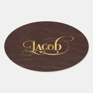 Personalised Swirly Script Jacob Gold on Leather Oval Sticker