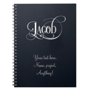 Personalised Swirly Script Jacob Silver on Indigo Notebook