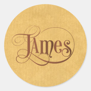 Personalised Swirly Script James Brown Kraft Paper Classic Round Sticker