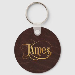 Personalised Swirly Script James Gold on Leather Key Ring