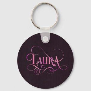 Personalised Swirly Script Laura Pink on Purple Key Ring