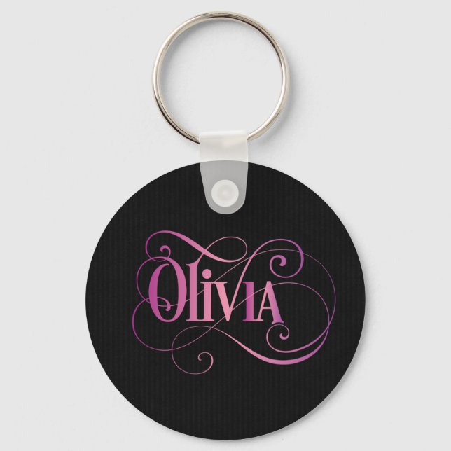 Personalised Swirly Script Olivia Pink on Black Key Ring (Front)