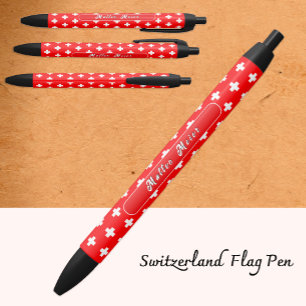 Personalised Swiss Pen, Swiss Flag, Switzerland Black Ink Pen